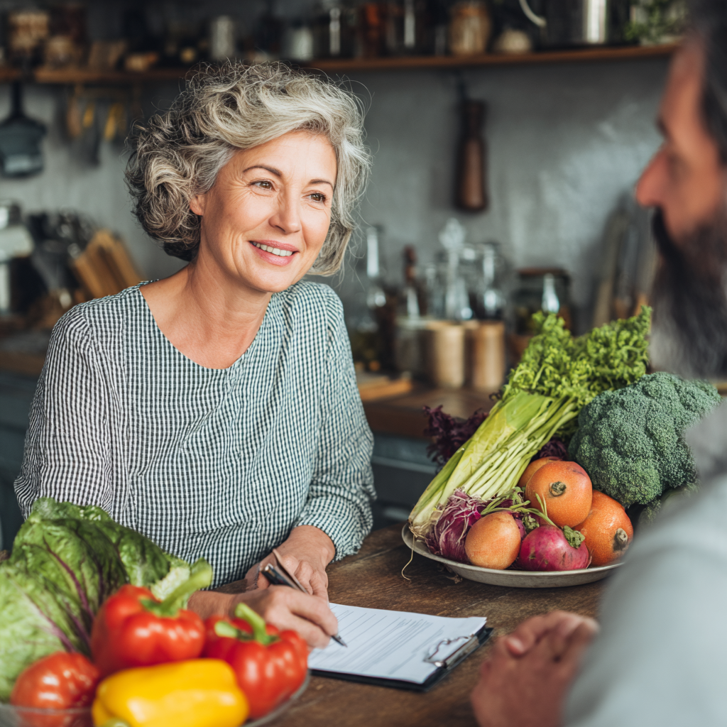 Спеціаліст з харчування віком 53 роки консультує клієнта, показуючи план здорового харчування