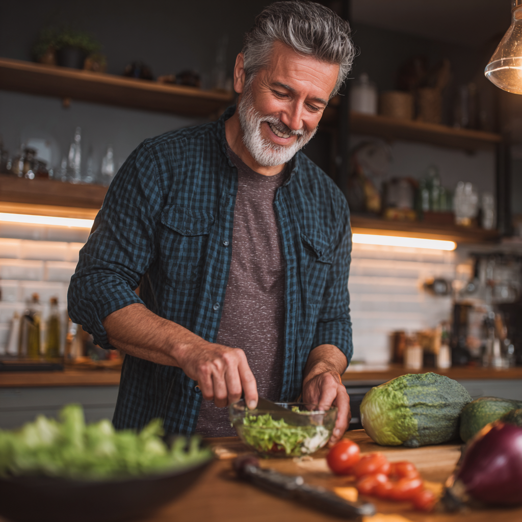 Чоловік віком 58 років готує здорову їжу на кухні, усміхається під час приготування салату