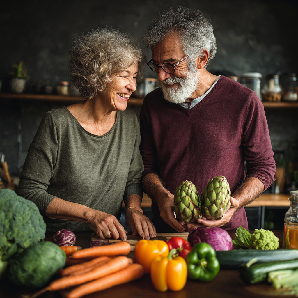 Пара віком 52-57 років разом готує здорову їжу, усміхаються та тримають свіжі овочі